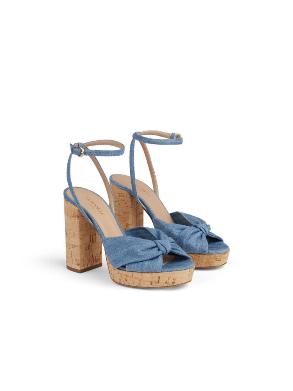 LK Bennett London Amanda Blue Denim Cork Platform Sandals with Ankle Strap 7 NWT